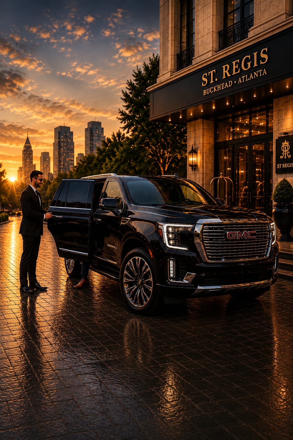 Black luxury limousine on rain-slicked city street at night